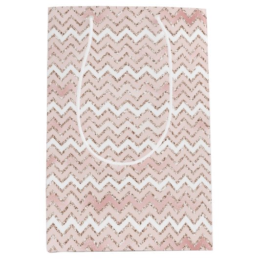 Blush Pink White Glam Glitter Zig Zag Medium Cadeauzakje (Voorkant)