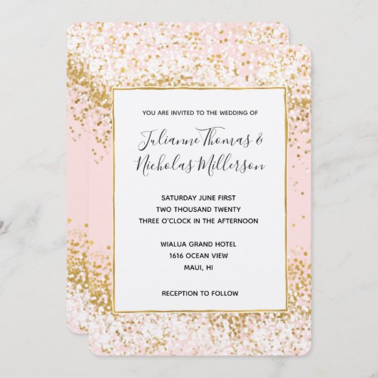 Blush Pink White Gold Confetti Wedding Invites Kaart (Voorkant / Achterkant)