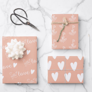 Blush Pink White Hearts Floral with Love  Inpakpapier Vel