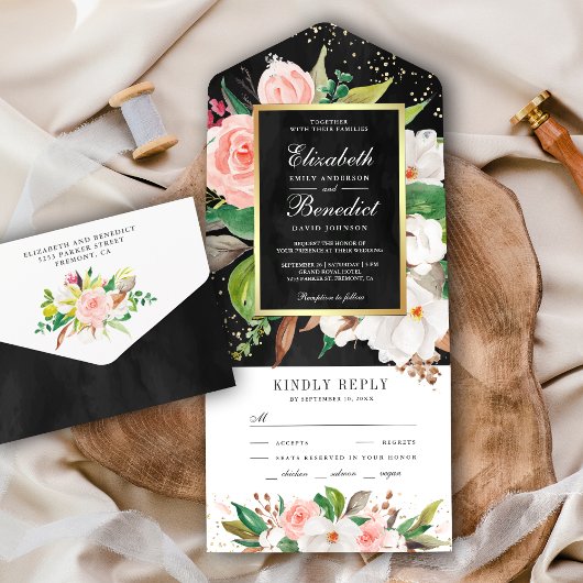 Blush Pink White Magnolia Floral Black Wedding All In One Uitnodiging