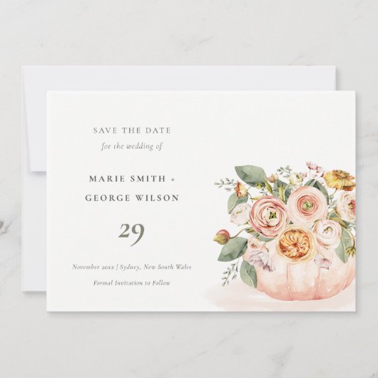 Blush Pink White Pumpkin Floral Save the Date Kaar Bedankkaart (Voorkant)