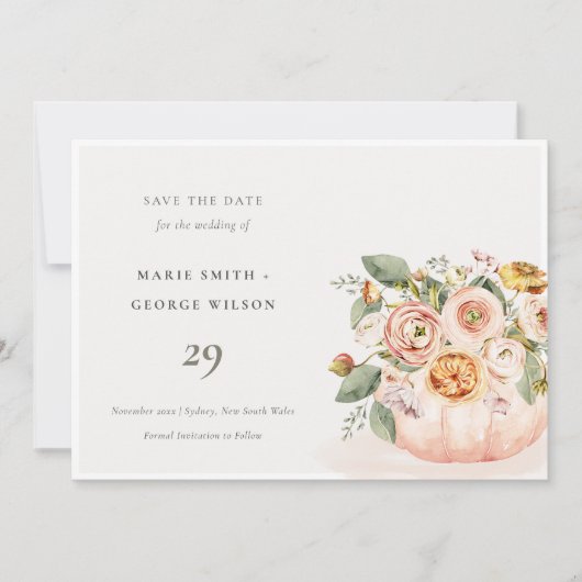 Blush Pink White Pumpkin Floral Save the Date Kaar Bedankkaart (Voorkant)