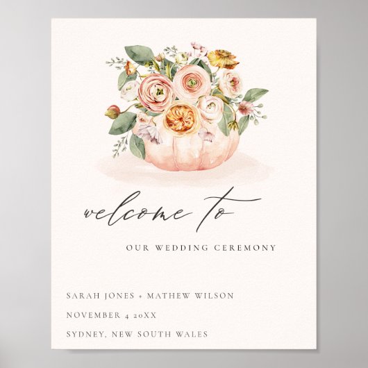 Blush Pink White Pumpkin Floral Weddenschap Welkom Poster (Voorkant)