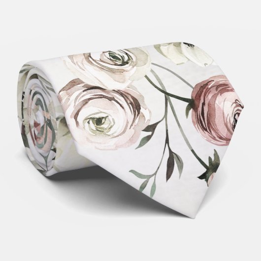 Blush Pink & White Ranunculus Vine Wedding Stropdas (Opgerold)