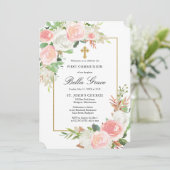 Blush Pink White Rose Floral First Heilige Communi Kaart (Staand voorkant)