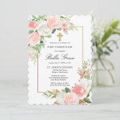 Blush Pink White Rose Floral First Heilige Communi Kaart (Staand voorkant)