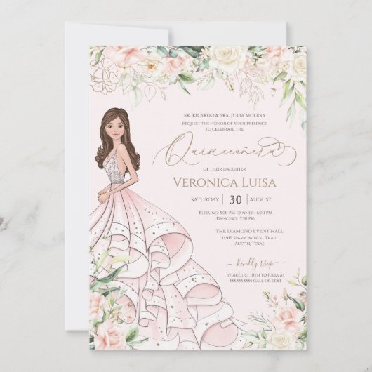 Blush Pink White Roses Luxury Quince Anos Birthday Kaart (Voorkant)