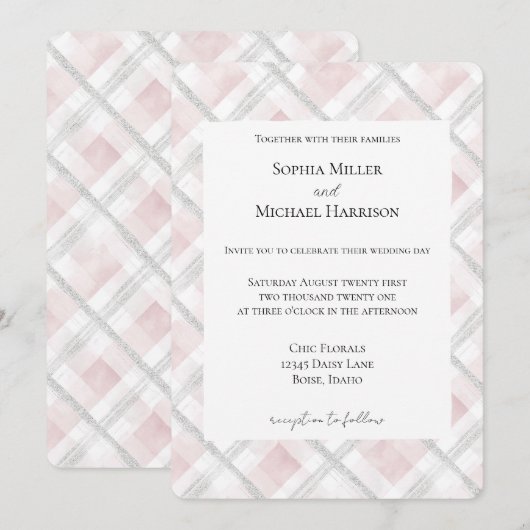 Blush Pink White Silver Glitz Wedding Kaart (Voorkant / Achterkant)