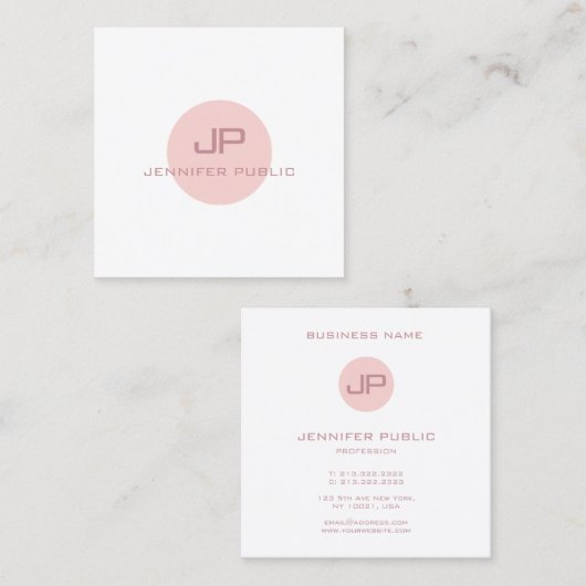 Blush Pink White Trendy Modern Monogram Sjabloon Vierkante Visitekaartje (Voorkant / Achterkant)