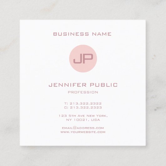 Blush Pink White Trendy Modern Monogram Sjabloon Vierkante Visitekaartje (Achterkant)