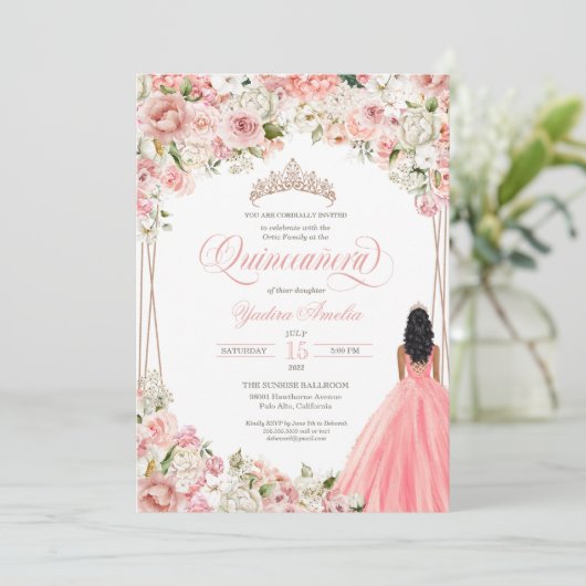 Blush Pink White Waterverf bloemen Quinceañera in Kaart (Staand voorkant)