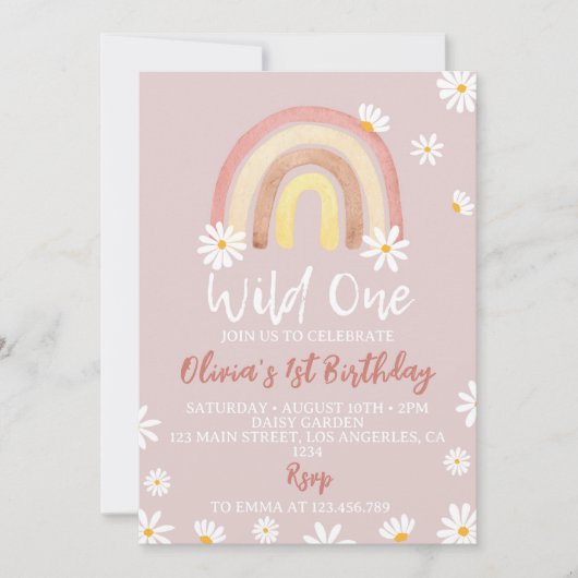 Blush Pink Wild One Daisy 1e Verjaardag Uitnodigin Kaart (Voorkant)