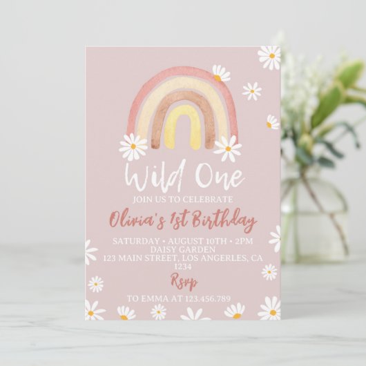 Blush Pink Wild One Daisy 1e Verjaardag Uitnodigin Kaart (Staand voorkant)