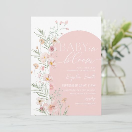 Blush Pink Wildflower Baby in Bloom Baby shower Kaart (Staand voorkant)