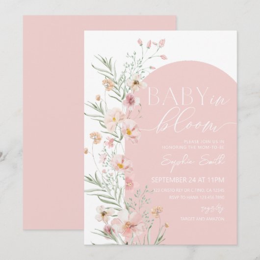 Blush Pink Wildflower Baby in Bloom Baby shower Kaart (Voorkant / Achterkant)