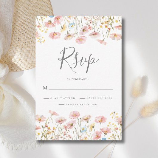 Blush Pink Wildflower Bloemen bruiloft RSVP Kaartje