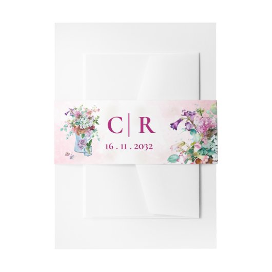 Blush Pink Wildflower Bloemen Monogram Huwelijk Uitnodigingen Wikkel (Voorkant Voorbeeld)
