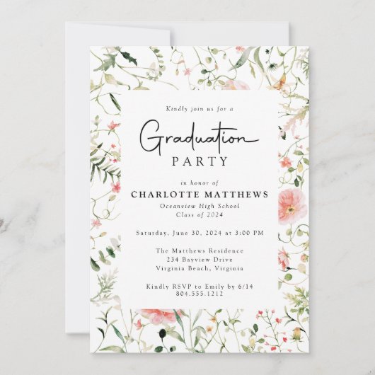 Blush Pink Wildflower Foto Afstudeerfeest Kaart (Voorkant)