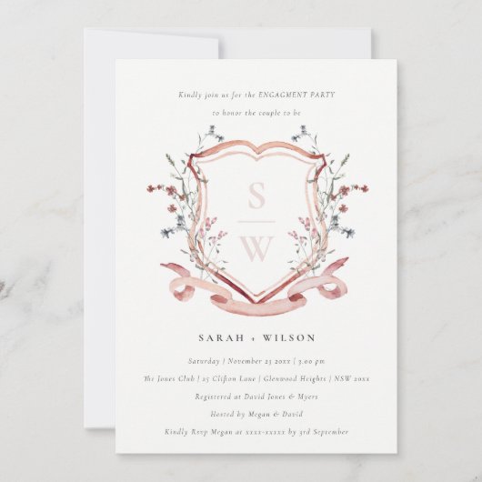 Blush Pink Wildflower Monogram Crest Verloving Kaart (Voorkant)