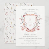 Blush Pink Wildflower Monogram Crest Verloving Kaart (Voorkant / Achterkant)