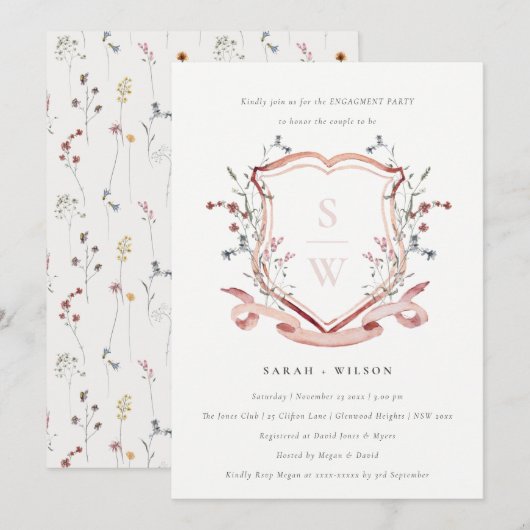Blush Pink Wildflower Monogram Crest Verloving Kaart (Voorkant / Achterkant)