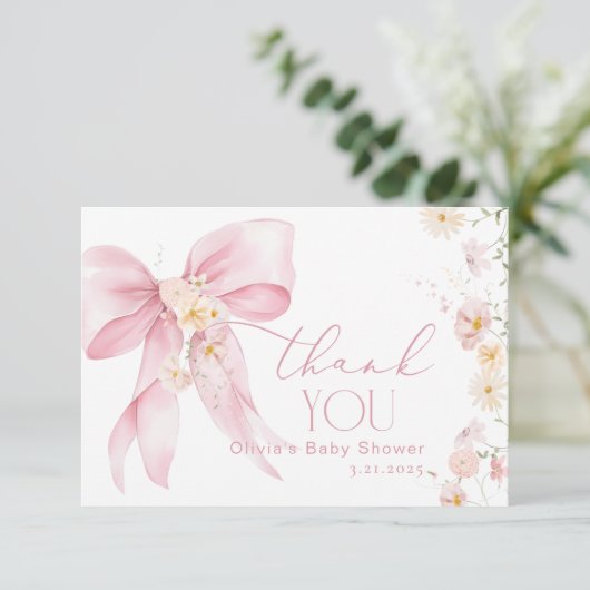 Blush Pink Wildflower Pink Bow Dank je kaart (Staand voorkant)