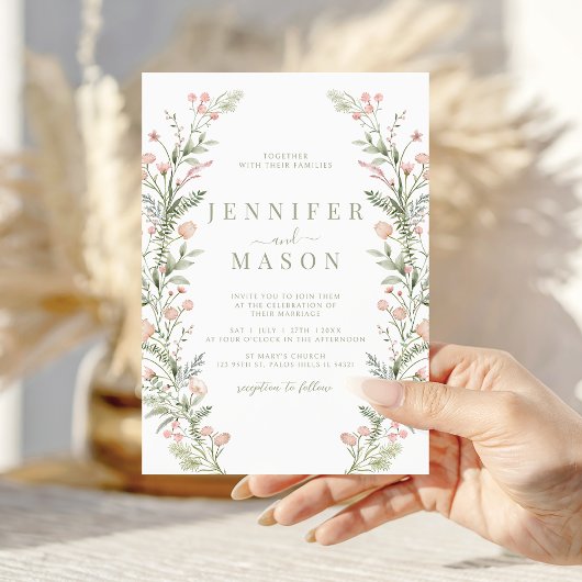 Blush pink wildflower rustic wedding Invitation Kaart