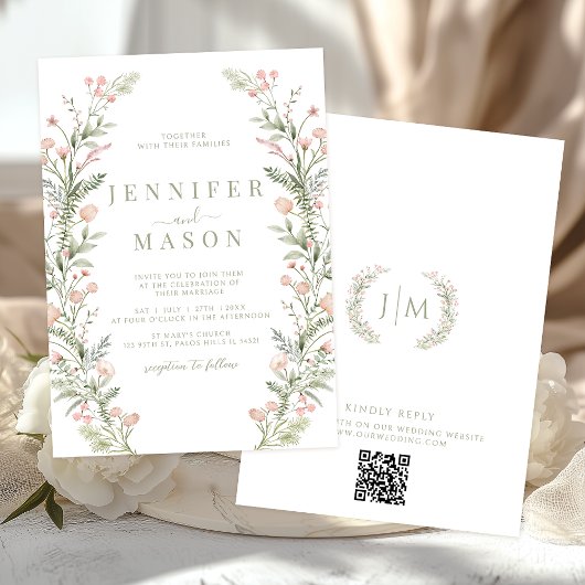 Blush pink wildflower rustic wedding Invitation Kaart