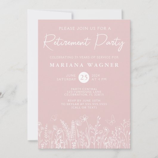 Blush Pink Wildflowers Uitnodiging voor pensioenfe (Voorkant)