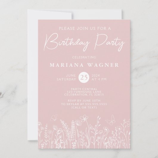Blush Pink Wildflowers Verjaardagsfeestje Uitnodig Kaart (Voorkant)