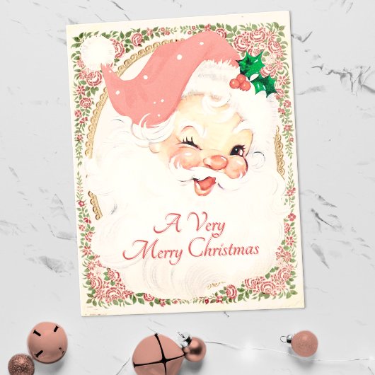 Blush Pink Winking Santa Claus Kerstmis Feestdagenkaart