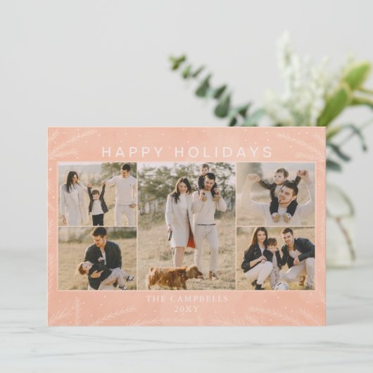 Blush Pink Winter Foliage 5 foto's Collage Feestdagenkaart (Staand voorkant)