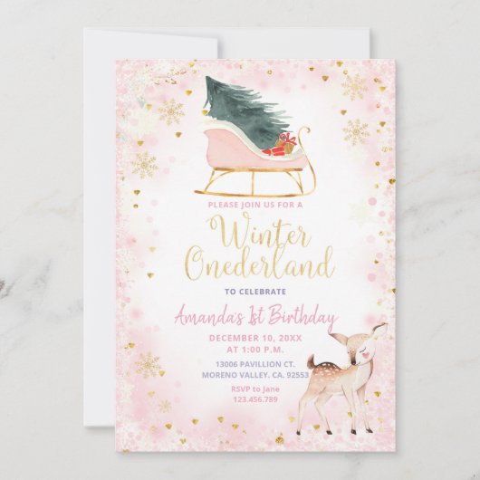 Blush Pink Winter Onederland Birthday Uitnodiging (Voorkant)