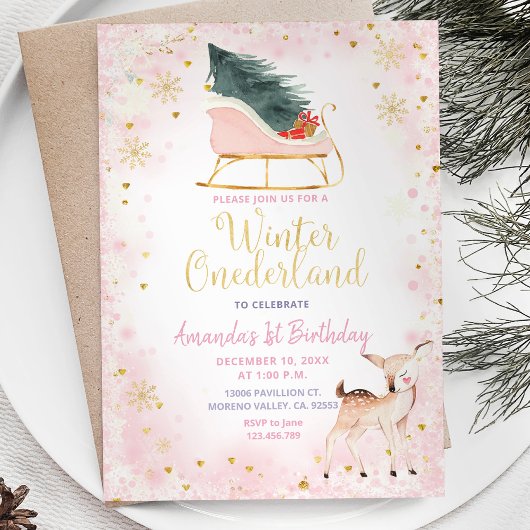 Blush Pink Winter Onederland Birthday Uitnodiging