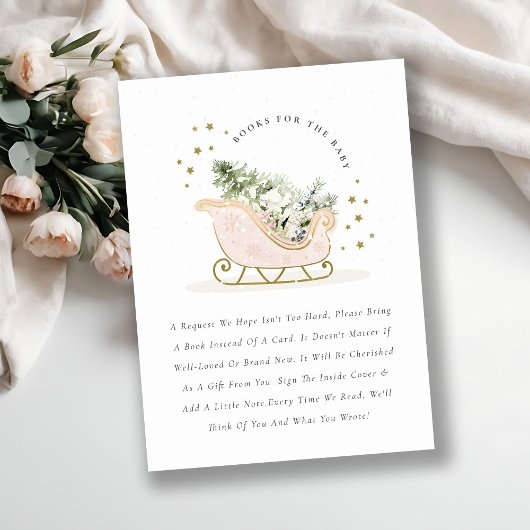 Blush Pink Winter Sleigh Books for Baby shower Informatiekaartje