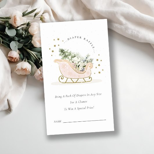 Blush Pink Winter Sleigh Diaper Baby shower Raffle Informatiekaartje