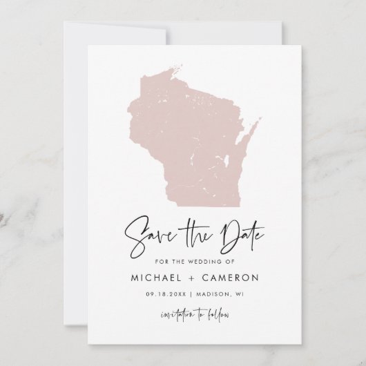 Blush Pink Wisconsin Map minimalistisch script bru Save The Date (Voorkant)