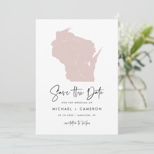 Blush Pink Wisconsin Map minimalistisch script bru Save The Date (Staand voorkant)