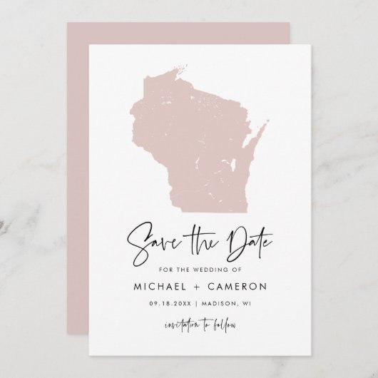 Blush Pink Wisconsin Map minimalistisch script bru Save The Date (Voorkant / Achterkant)
