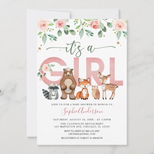 Blush Pink Woodland animals Girl Baby shower Kaart (Voorkant)