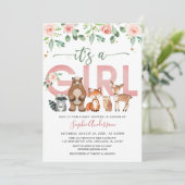 Blush Pink Woodland animals Girl Baby shower Kaart (Staand voorkant)
