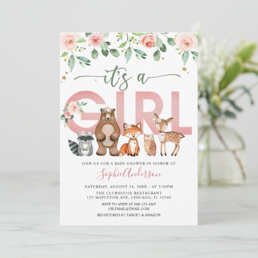 Blush Pink Woodland animals Girl Baby shower Kaart (Staand voorkant)