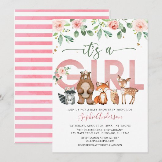 Blush Pink Woodland animals Girl Baby shower Kaart (Voorkant / Achterkant)