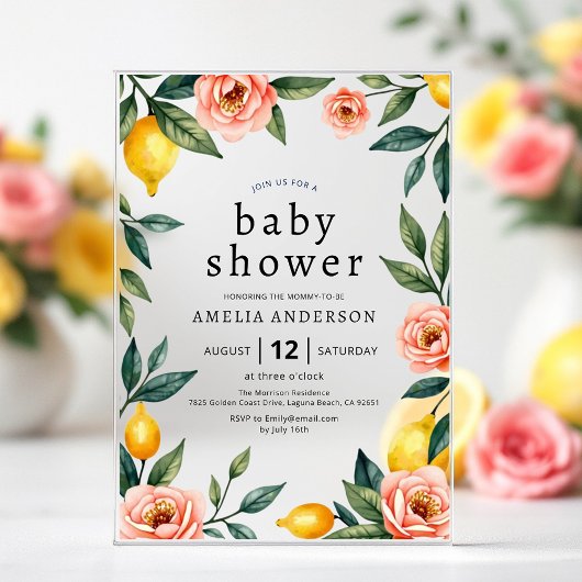 Blush Pink Yellow Floral Citrus Citrus Baby shower Acryl Uitnodigingen
