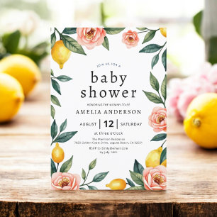 Blush Pink Yellow Floral Citrus Citrus Baby shower Kaart