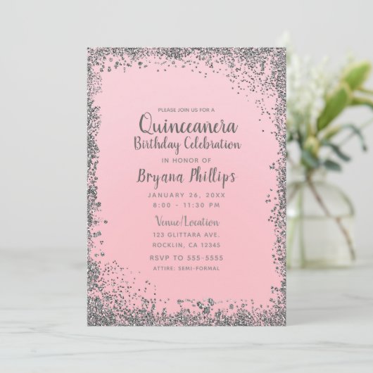 Blush Pink & Zilver Glitter Crown Quinceañera 15 Kaart (Staand voorkant)