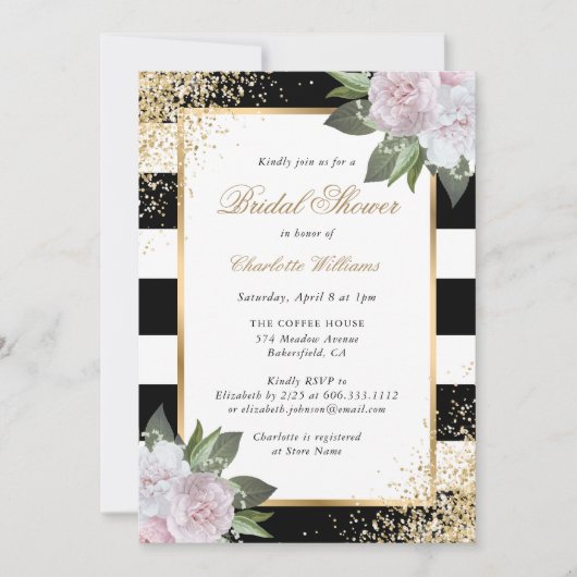 Blush Pink Zwart Wit Goud Bloemen Vrijgezellenfees Kaart (Voorkant)