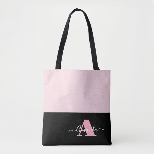 Blush Pink Zwart Wit Monogram Script Modern Tote Bag (Voorkant)