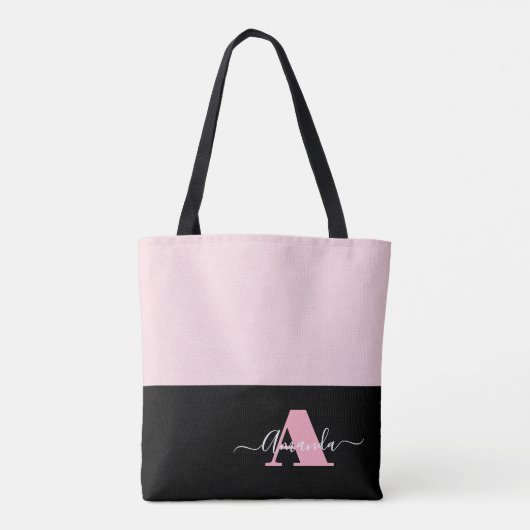 Blush Pink Zwart Wit Monogram Script Modern Tote Bag (Achterkant)