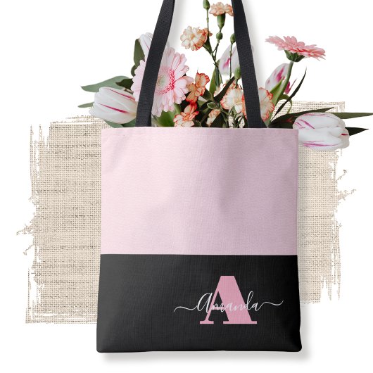 Blush Pink Zwart Wit Monogram Script Modern Tote Bag